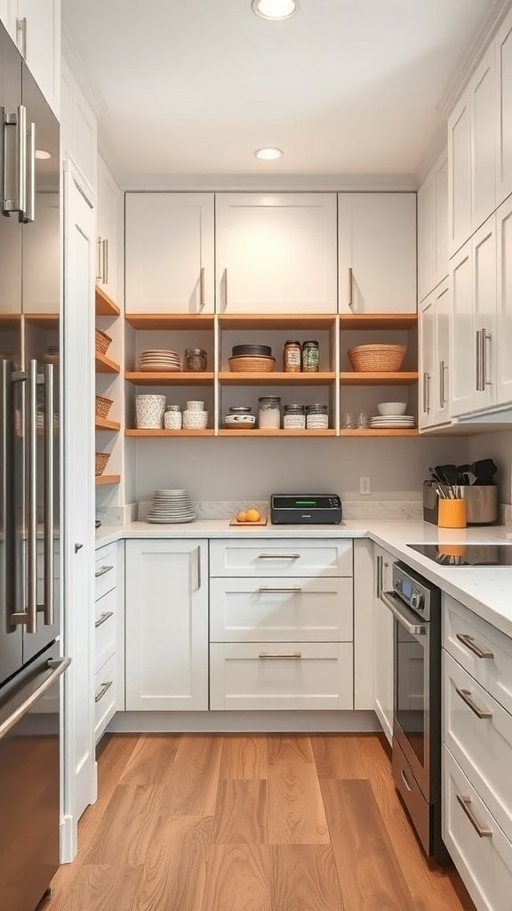 A modern kitchen pantry with white cabinetry, open shelving, and wooden accents.