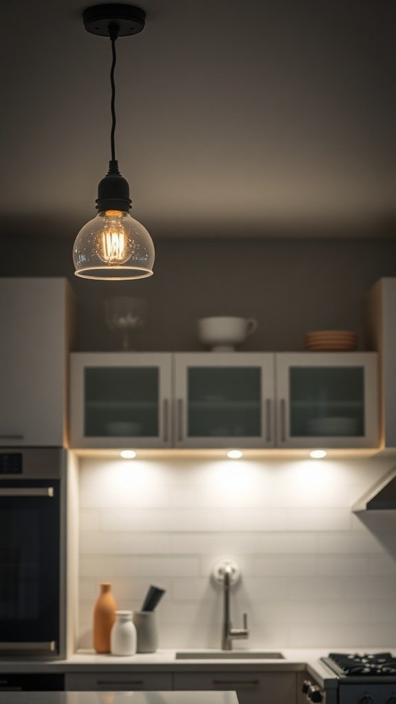 A modern kitchen with a pendant light and under-cabinet lighting