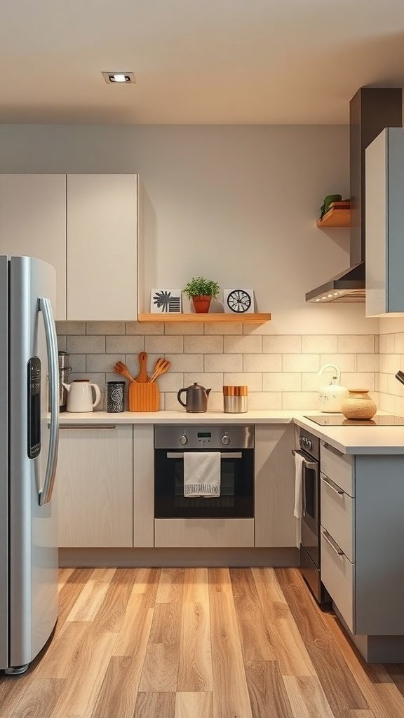 A modern kitchen featuring energy-efficient appliances and lighting.