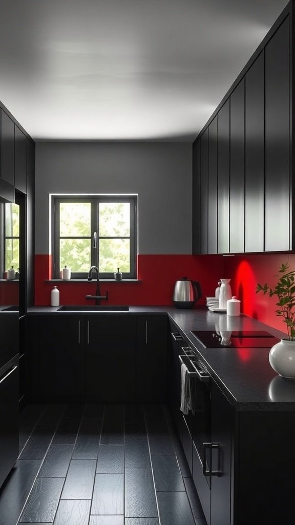 A modern kitchen featuring black cabinets and a bold red accent wall.