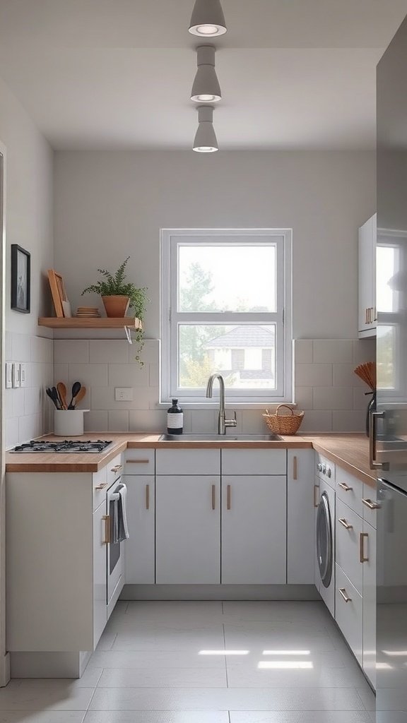 A small, minimalist kitchen with white cabinetry, wood accents, and natural light.