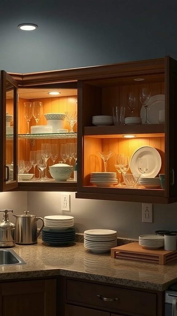 Well-lit kitchen cabinet showcasing glassware and dishes