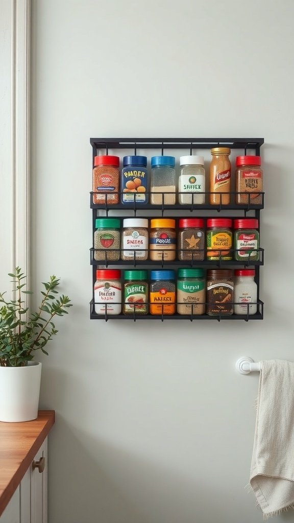A black magnetic spice rack mounted on a wall, displaying various spice jars.