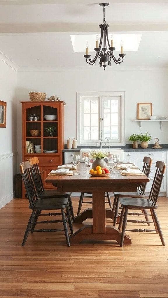 A country style dining table in a cottage kitchen with wooden chairs and a chandelier.