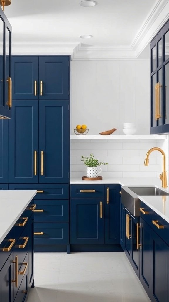 A modern kitchen featuring bold navy blue cabinets with gold hardware and light countertops.