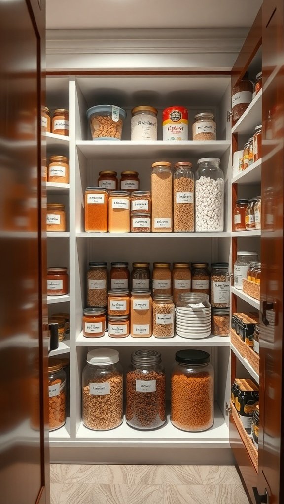 Organized pantry with clear jars and labeled containers on shelves