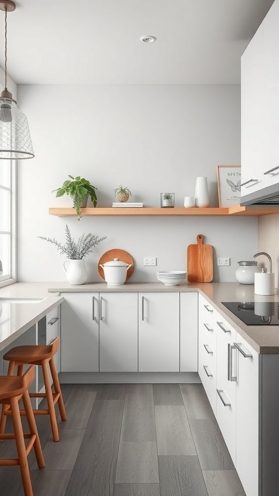 A modern kitchen with white cabinets, wooden shelves, and plants, creating a serene atmosphere.