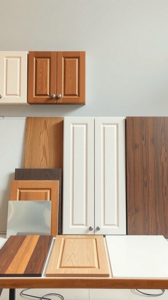 A display of various kitchen cabinet samples in different materials and finishes.