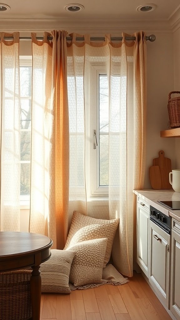 A cozy kitchen with sheer curtains and soft cushions on the floor.
