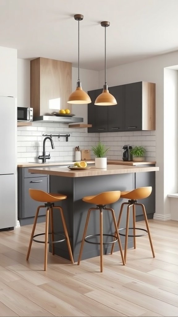 A modern compact kitchen island with light wood top and dark cabinetry, featuring stylish stools and pendant lighting.