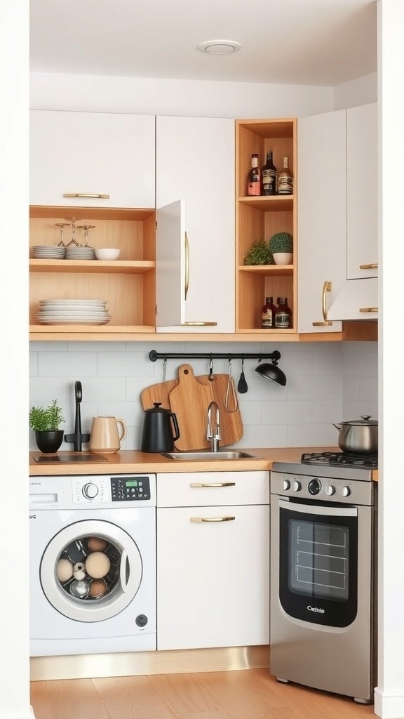 Compact kitchen with white and wood cabinets, featuring a washing machine and open shelves.