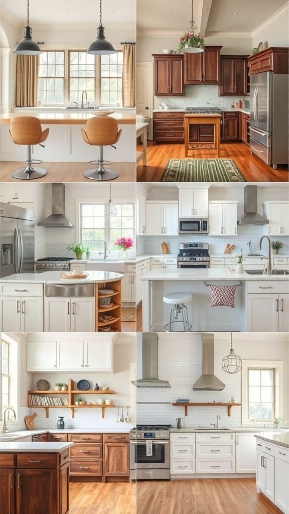 A collage of four different kitchen styles showcasing various designs and layouts.