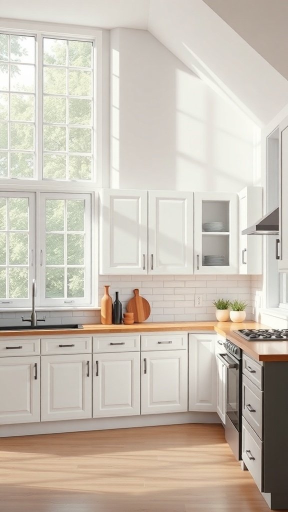 Bright kitchen with white cabinets and large windows allowing natural light