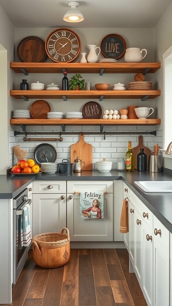 A modern farmhouse kitchen featuring open shelves with vintage decor, wooden plates, and a cozy atmosphere.