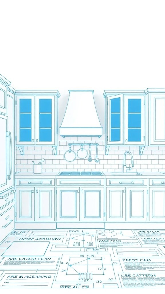 Blueprint design of a kitchen with custom cabinet layout