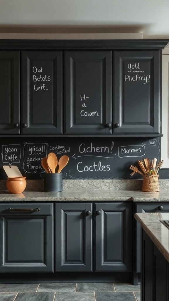 Kitchen cabinets with a chalkboard finish featuring handwritten notes and drawings.