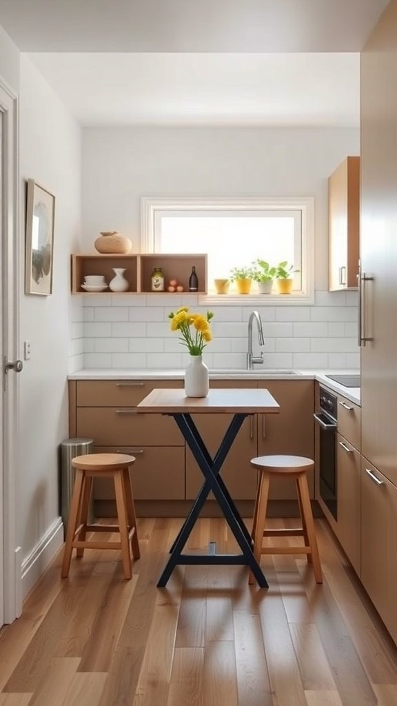 A small kitchen featuring a compact table and stools, with open shelving and modern cabinetry.