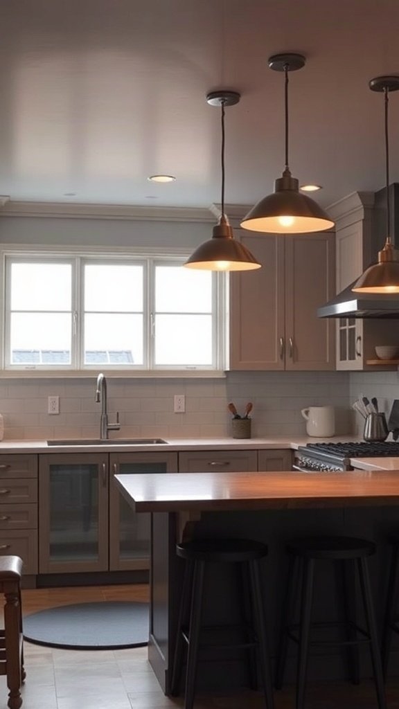 A modern kitchen with pendant lights above the island and natural light from windows.