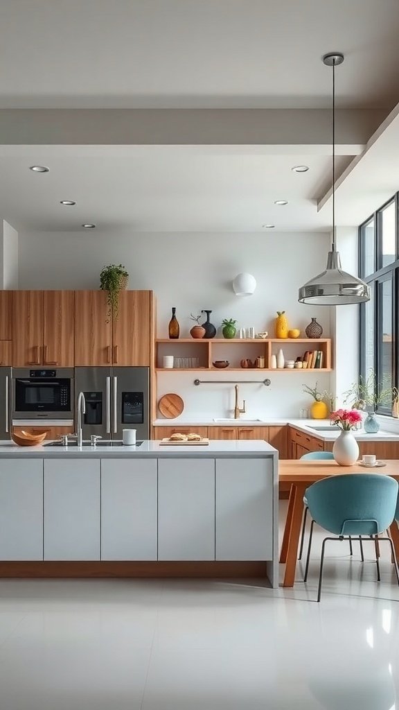 Modern open kitchen with wooden cabinets, stylish decor, and a bright atmosphere