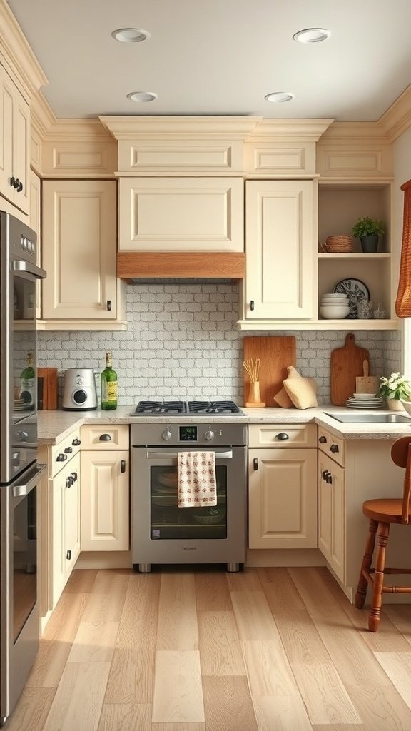 A cozy kitchen featuring creamy off-white cabinets, light wood accents, and a gray backsplash.