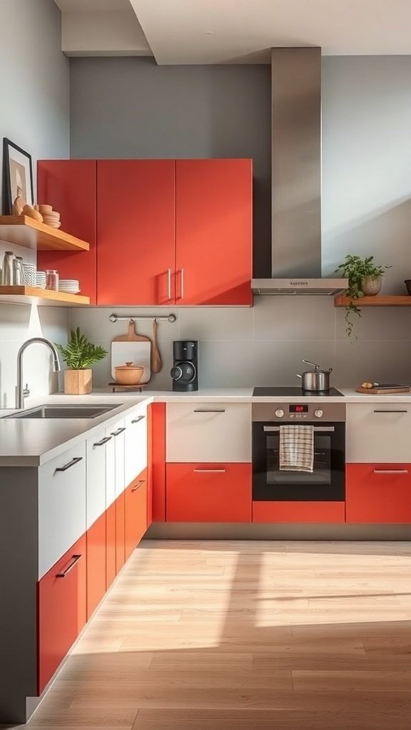 A modern kitchen with red and white color-blocked cabinets, showcasing a stylish and vibrant design.