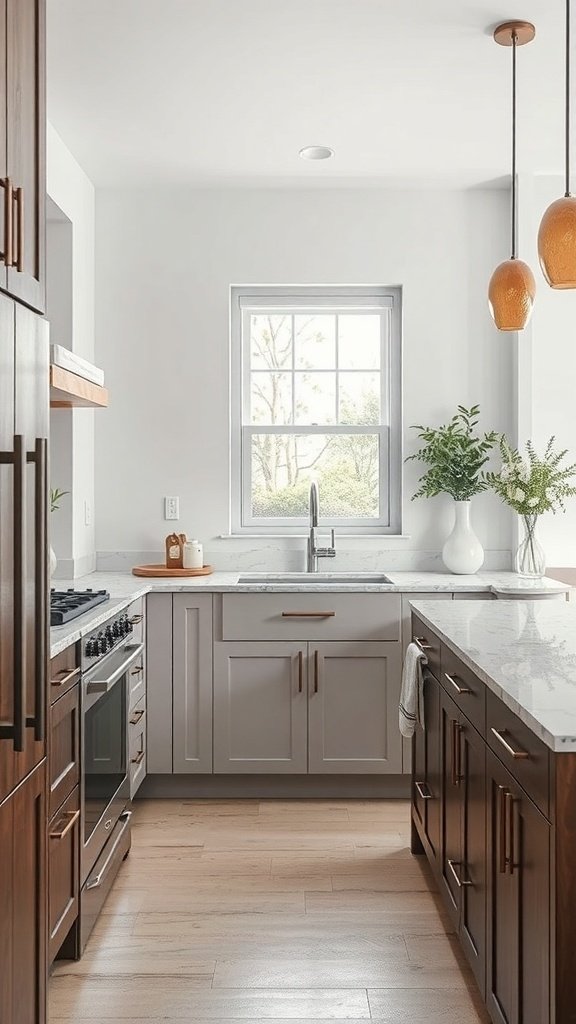 A modern kitchen featuring a durable countertop with a blend of light and dark cabinetry.