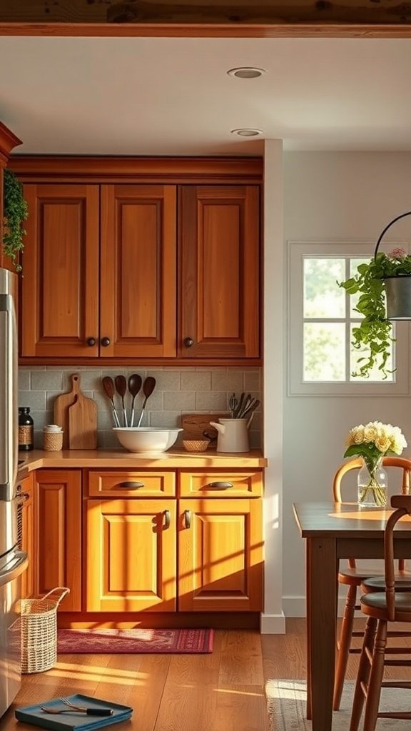 A cozy kitchen with warm chestnut cabinets, natural light, and plants.