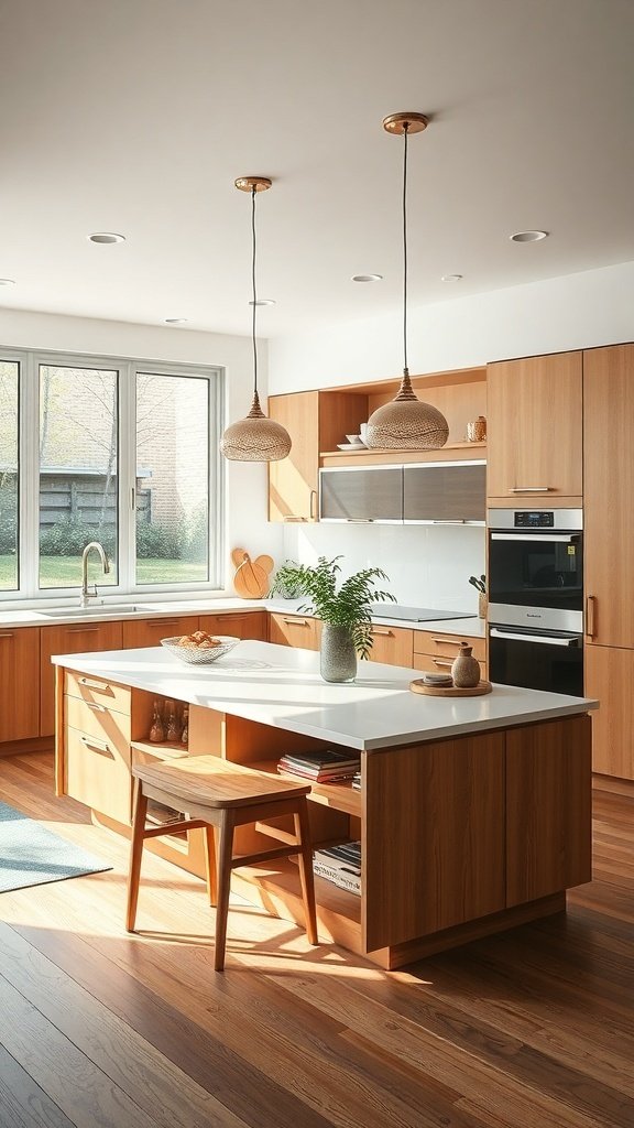A mid-century modern kitchen featuring a functional kitchen island with a wooden finish, open shelving, and natural light.