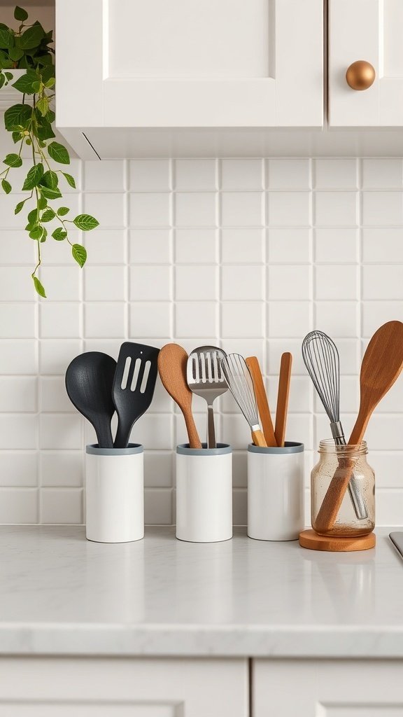 Stylish space-saving utensil holders on a kitchen countertop