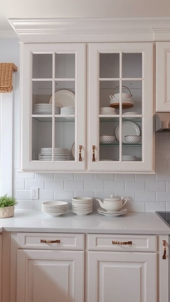White kitchen cabinets with glass doors showcasing plates and bowls inside.