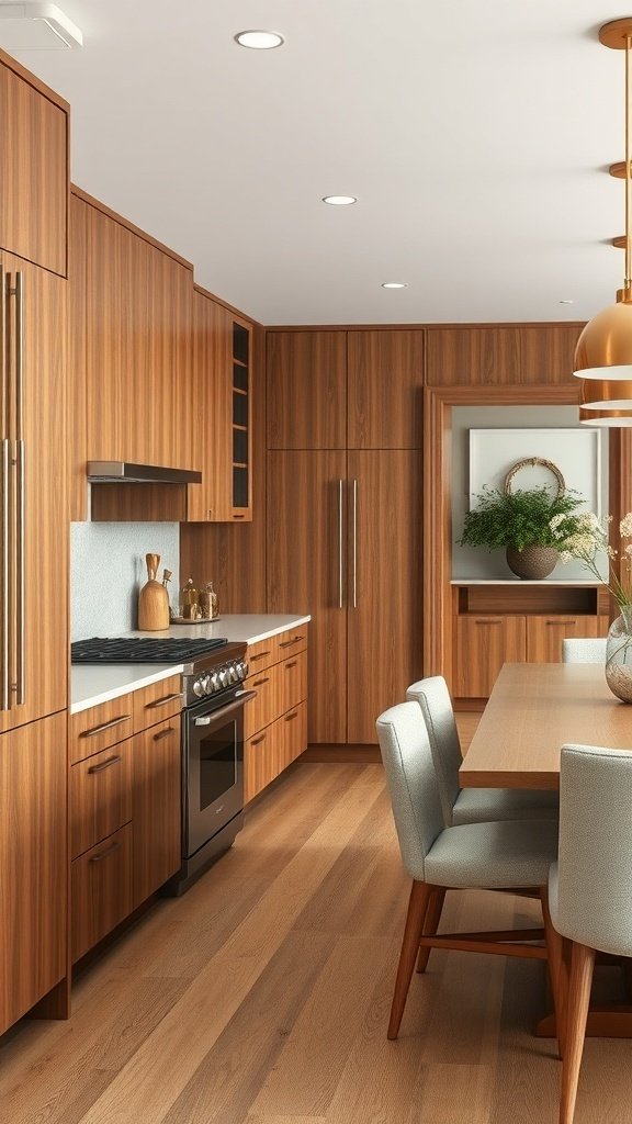 Modern kitchen with wooden cabinets and a dining area