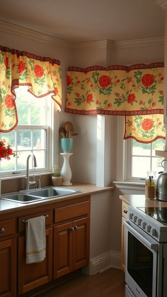 Colorful kitchen curtains with red roses on a yellow background
