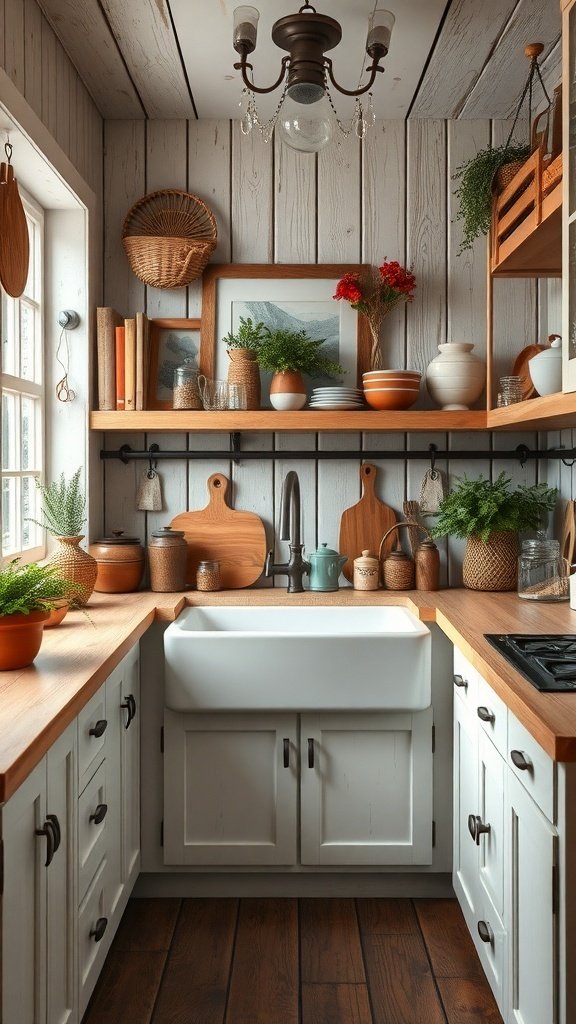 A rustic farmhouse kitchen with wooden countertops, white cabinetry, and open shelving filled with plants and pottery.