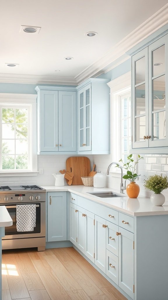 A modern kitchen featuring light blue cabinets, white countertops, and golden hardware.