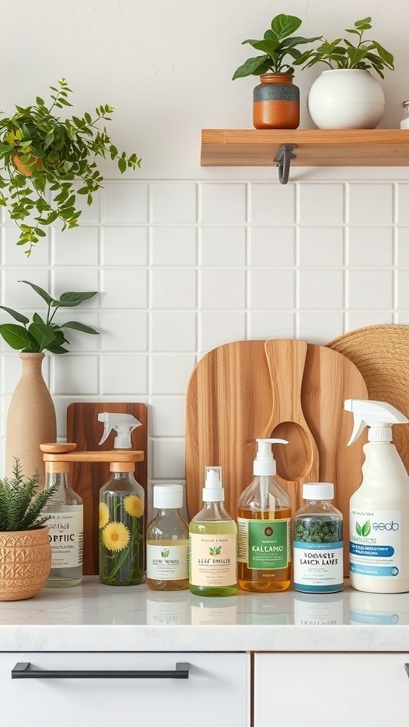A bright kitchen countertop with eco-friendly cleaning products and plants.