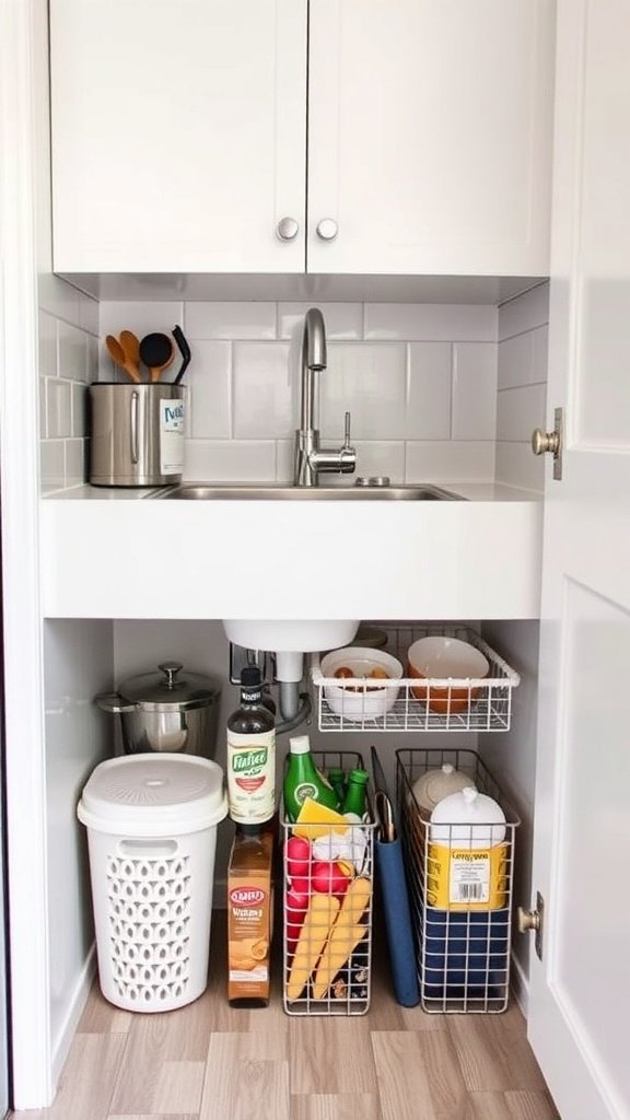 Organized under-sink area with baskets and cleaning supplies