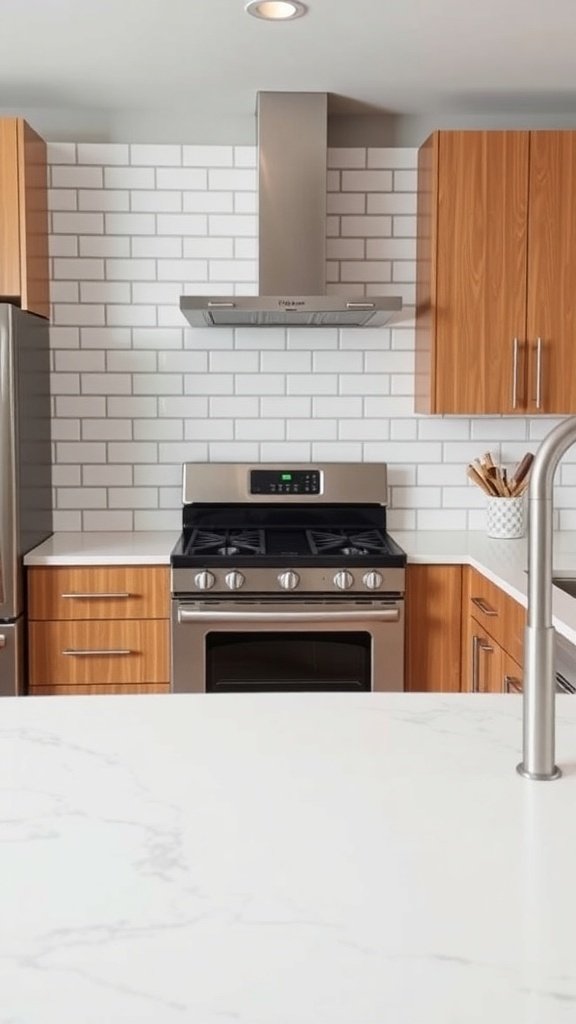 A modern kitchen featuring a subway tile backsplash, stainless steel appliances, and wooden cabinets.