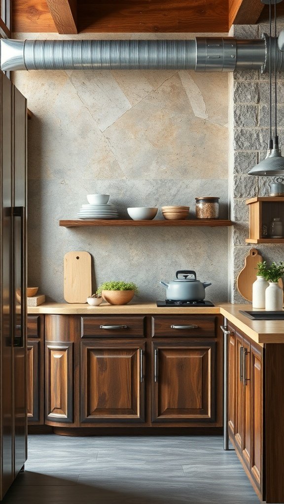 A modern kitchen featuring wooden cabinets, gray walls, and metal accents.