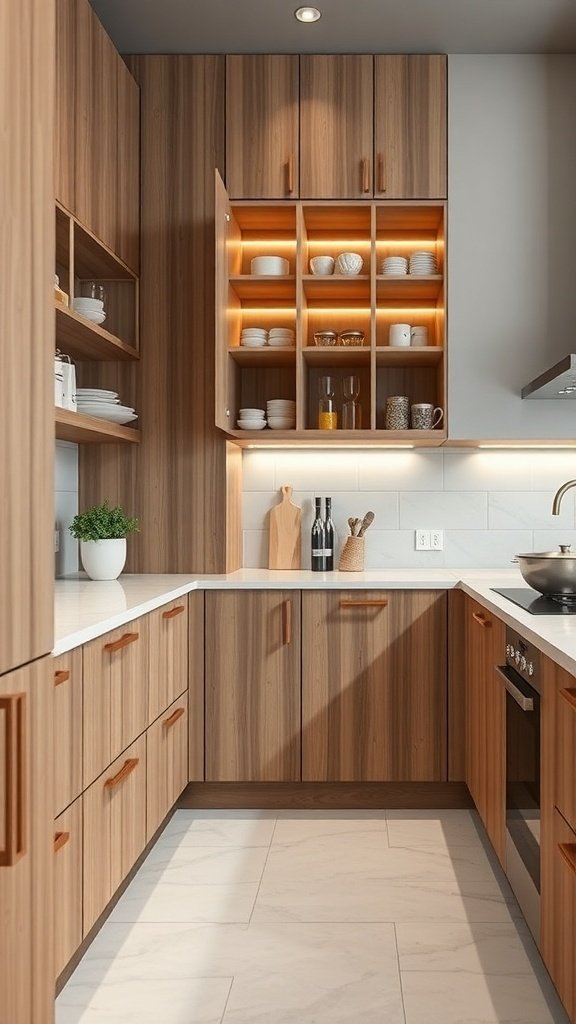 A modern kitchen with wooden cabinets, open shelving, and under-cabinet lighting.