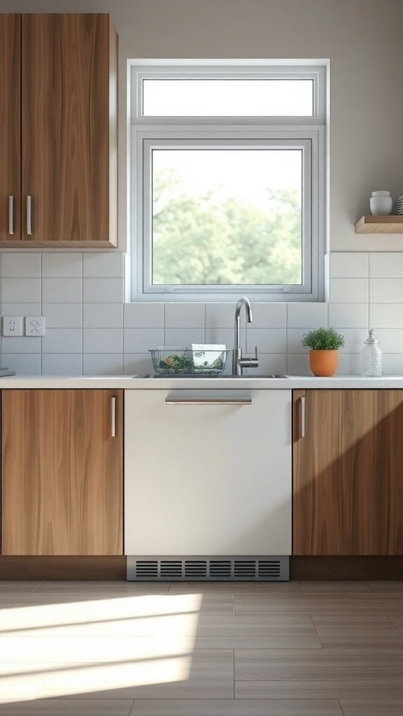 A modern kitchen featuring a water-saving dishwasher between wooden cabinets.