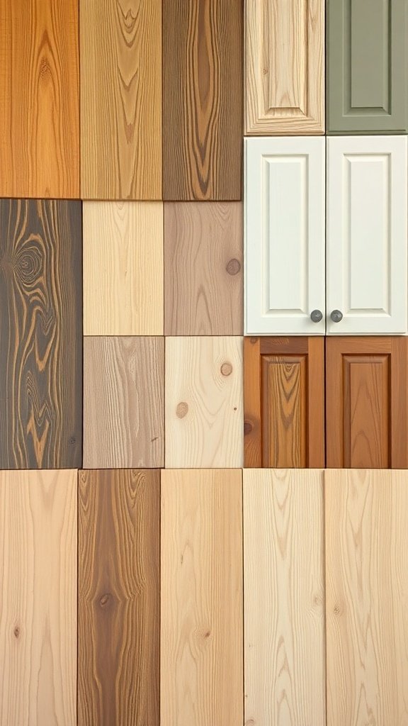 Various wood samples showcasing different grains and colors for kitchen cabinets.