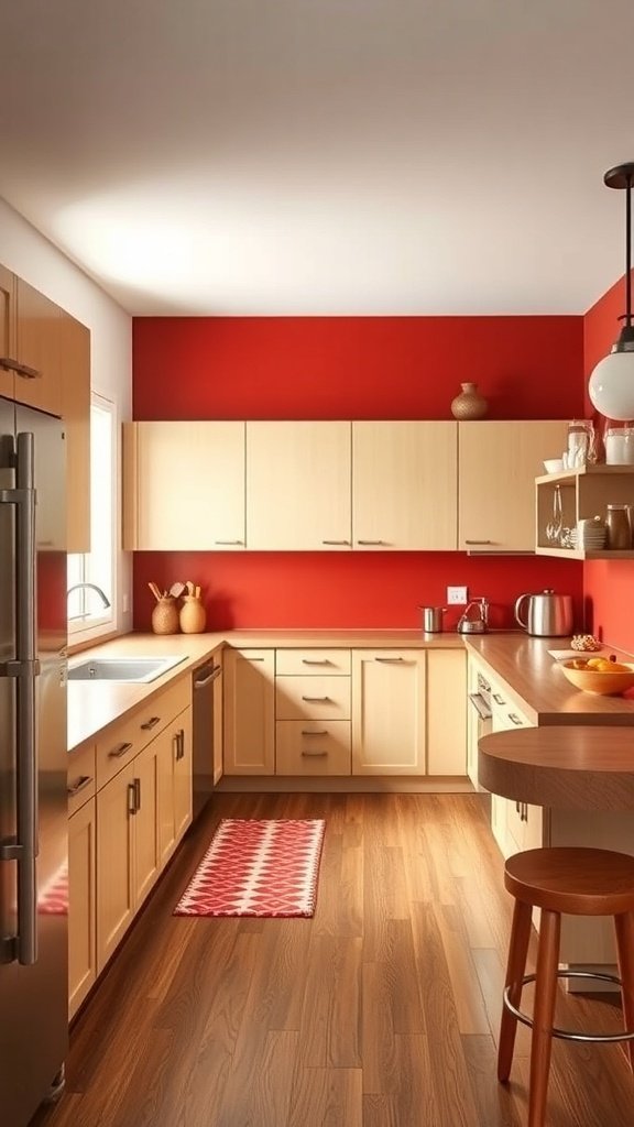 Mid-century modern kitchen featuring a bold red accent wall with light wood cabinetry and a patterned rug.
