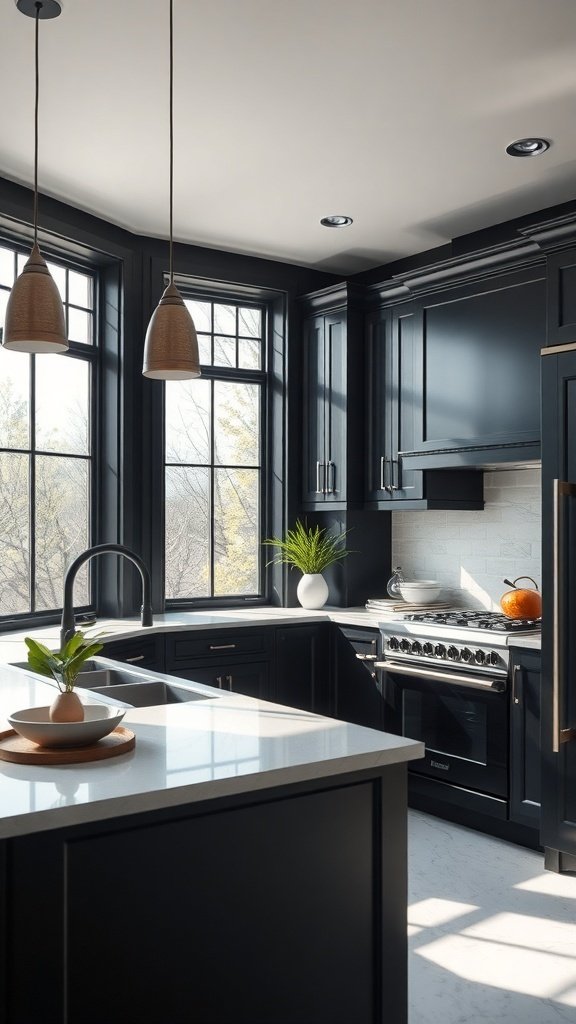 A modern black kitchen with large windows allowing natural light to fill the space, featuring sleek cabinetry and stylish pendant lights.