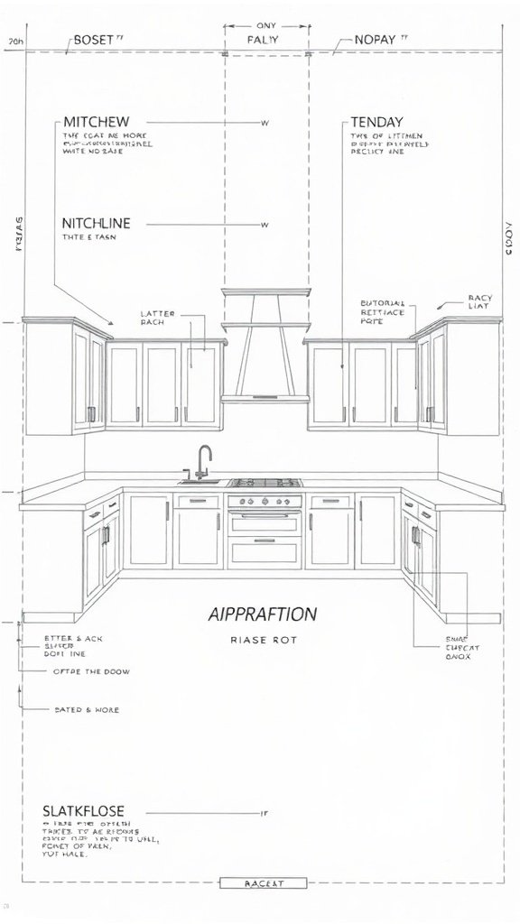 Blueprint of a kitchen layout showing cabinets, appliances, and workspace arrangement.