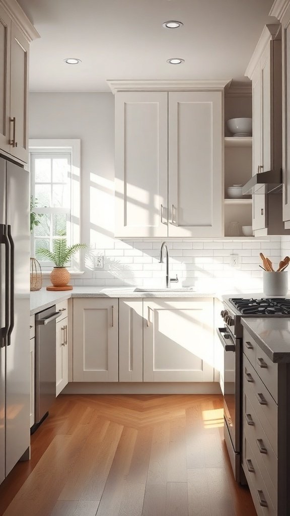 Bright kitchen with white cabinets and natural light