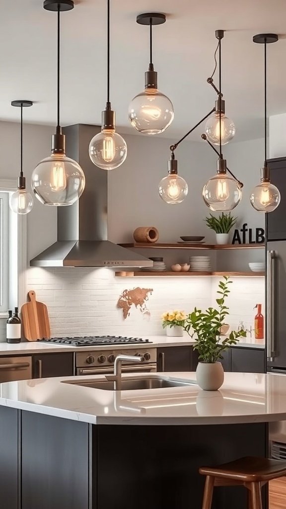 A modern kitchen featuring unique hanging light fixtures with glass bulbs, illuminating a stylish countertop and cabinetry.