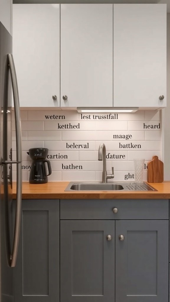 A small kitchen with a unique text-based backsplash design featuring white tiles and playful words.