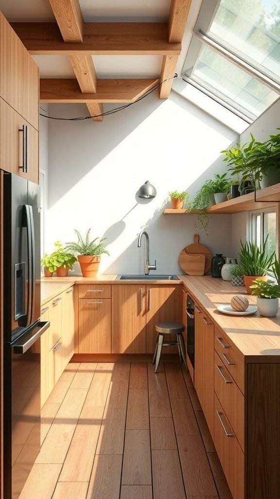 A modern kitchen with wooden cabinets, a skylight, and various plants.