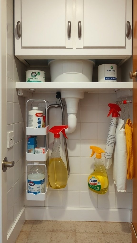 Organized under-sink area with tension rods holding cleaning supplies.