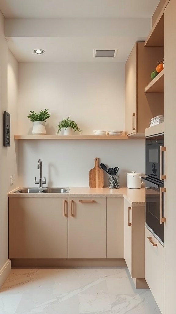 A small beige kitchen with light cabinetry, open shelving, and modern appliances.